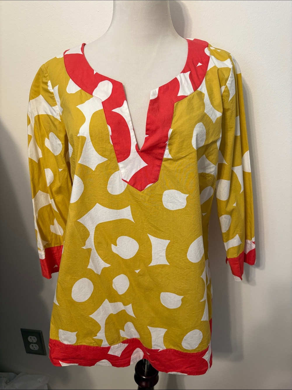 Boden Yellow & White Abstract Tunic with Red Trim